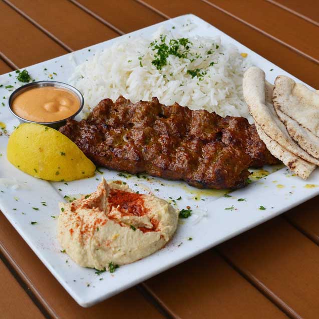 Crimson's ground sirloin with rice and hummus 