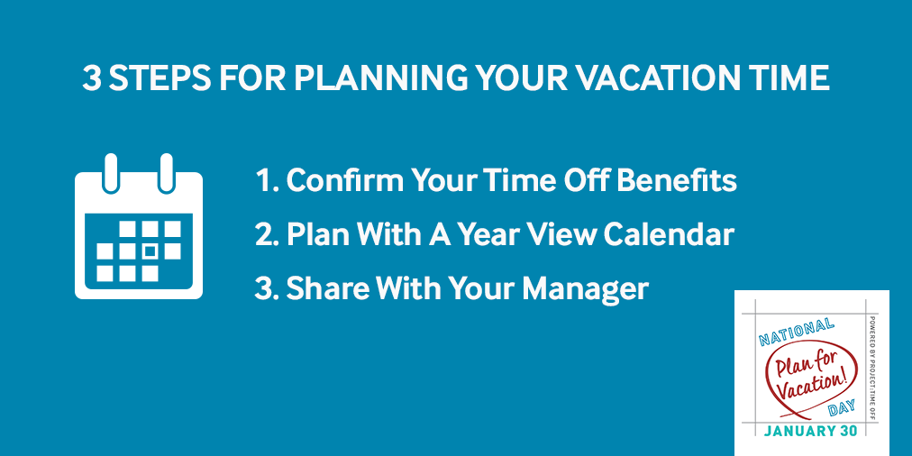 3 Steps for planning your vacation time graphic: 1. Confirm your time off benefits; 2. Plan with a year view calendar; 3. Share with your manager