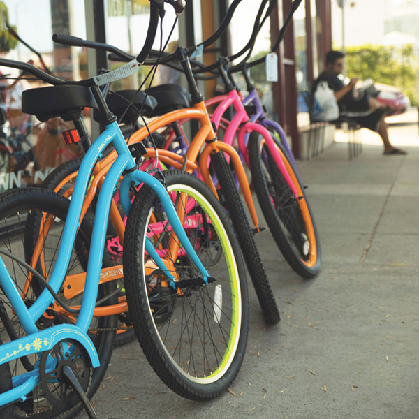 Brightly colored bikes on Main Street in Santa Monica