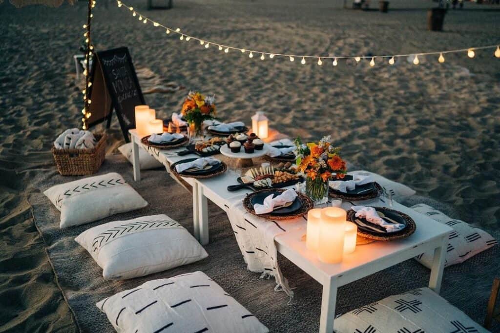 Picnic on the beach setup by the Santa Monica Picnic Company