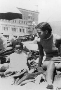 Women and child on Inkwell Beach in Santa Monica.