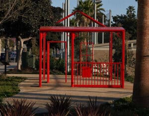 Art structure by April Banks of a traditional home, now in the Historic Belmar Park in Santa Monica.
