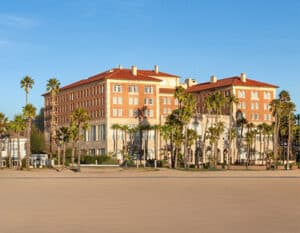 Exterior of Hotel Casa del Mar overlooking the ocean in Santa Monica.