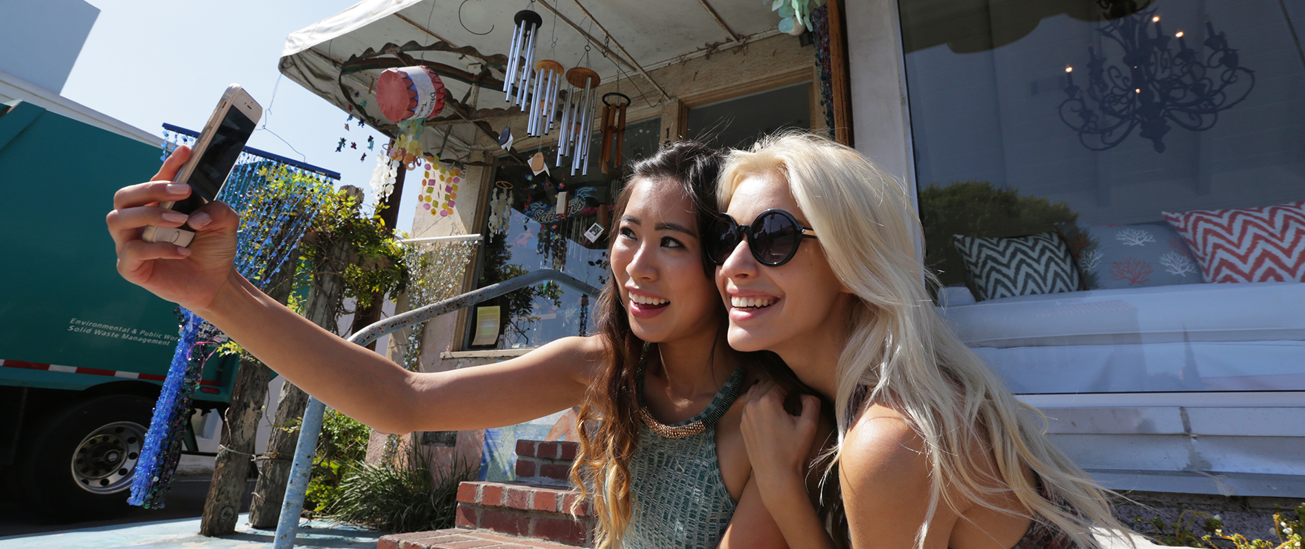 Friends taking photo while traveling