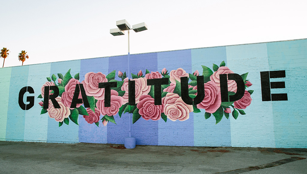 Word gratitude painted on concrete wall with roses; public mural;