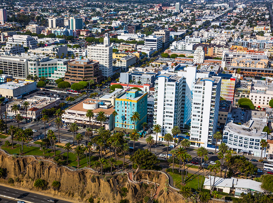Aerial of the city of Santa Monica and the coastline.
