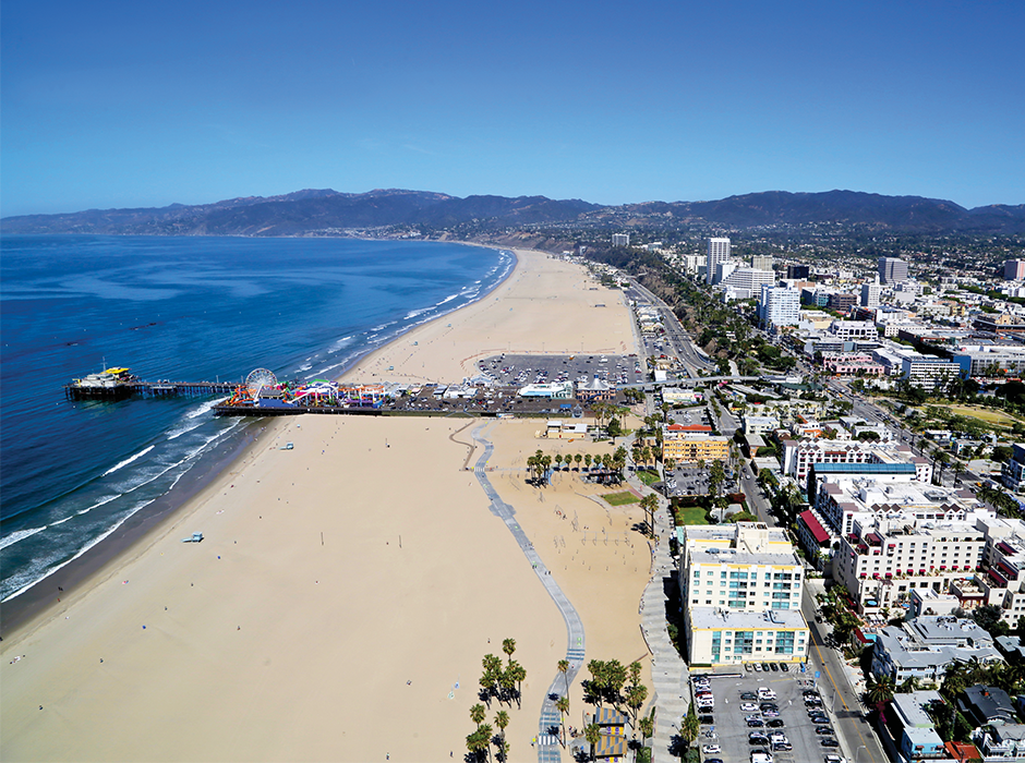 Aerial of Santa Monica beach.