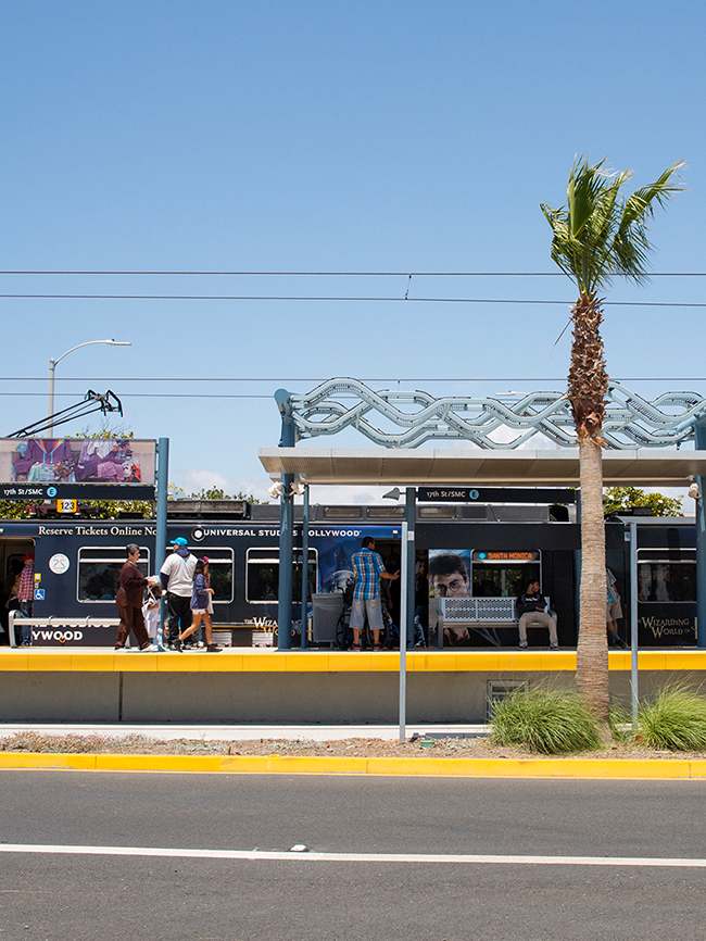 People at the Santa Monica Metro Expo Line station.