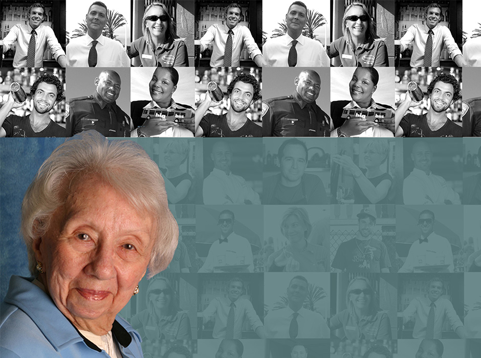 Picture of legendary Thelma Parks smiling at camera; collage of photos of past employees in black and white