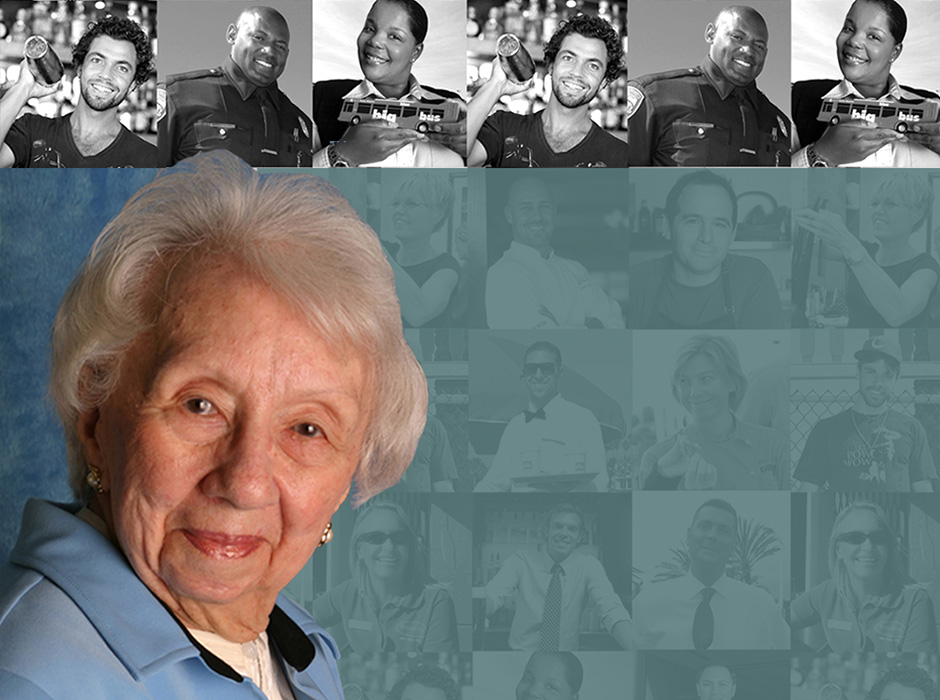 传奇人物塞尔玛-帕克斯（Thelma Parks）对着镜头微笑的照片；过去员工的黑白拼贴照片