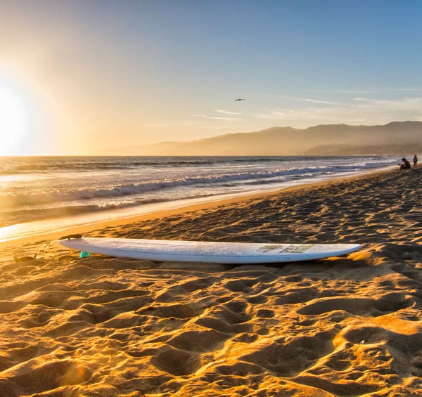 surf board on santa monica beach