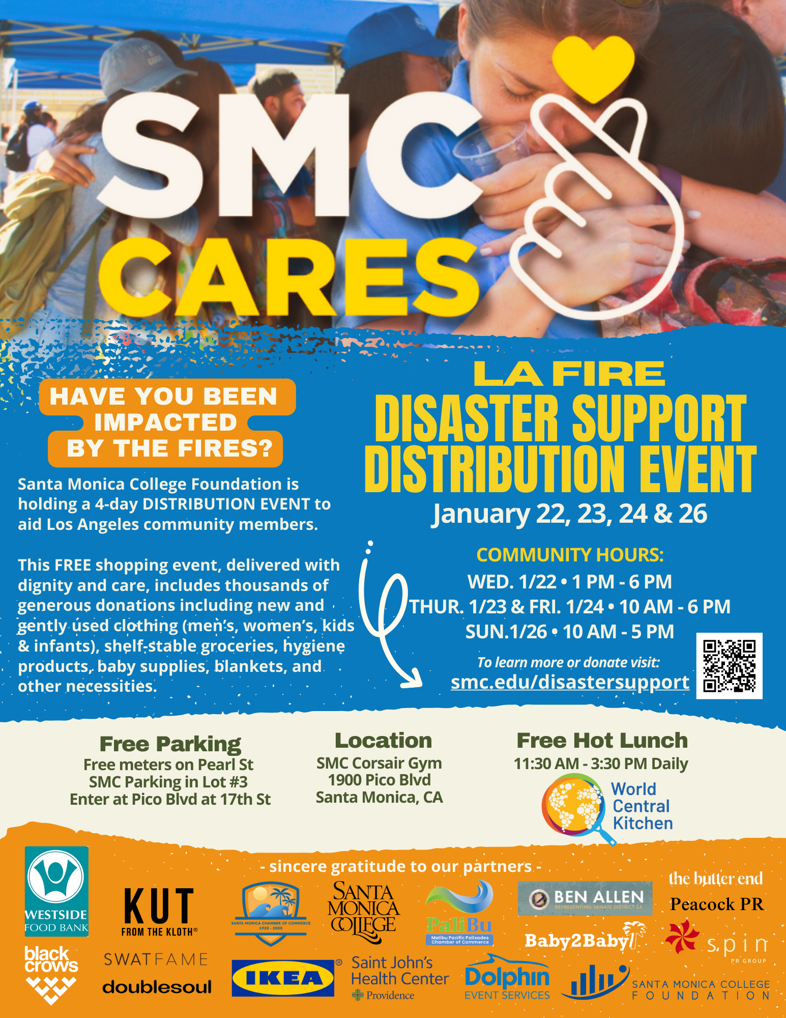 مؤسسة كلية سانتا مونيكا تقيم فعالية لتوزيع الدعم في حالات الكوارث الناجمة عن الحرائق على الطلاب والموظفين والمجتمع لمدة أربعة أيام